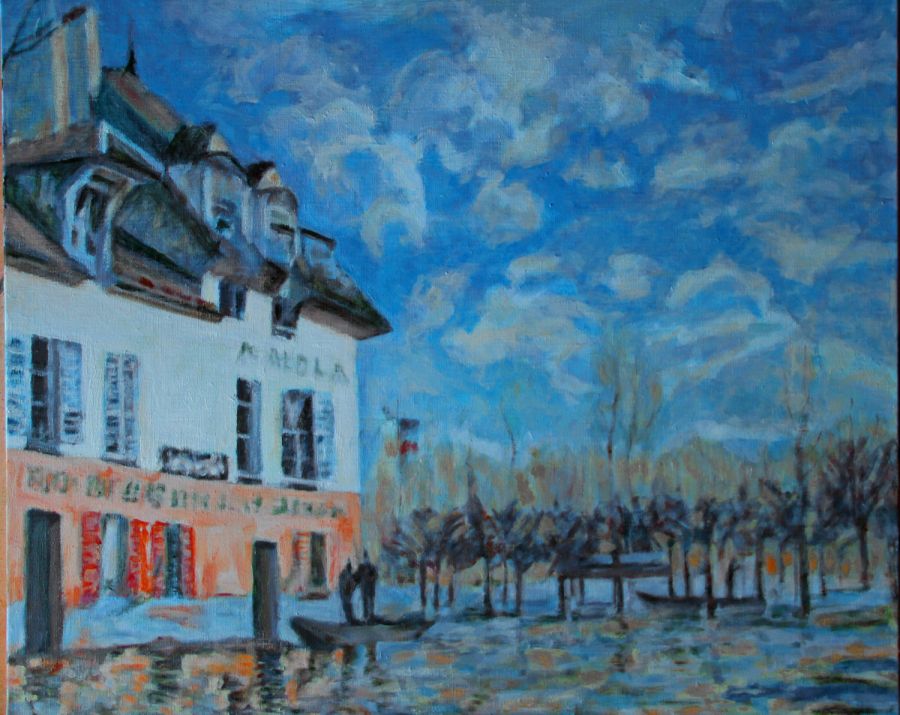 d'après Alfred Sisley : Les inondations à Port-Marly en 1876, beau temps (Copie  60x81) - Jean-Guy Bègue