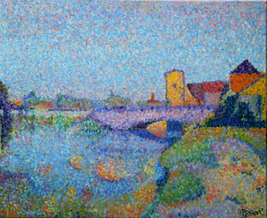 Jean-Guy Bègue : Auxerre Vieux pont au-delà de la Chaînette (Original 65 cm X 81 cm) - Jean-Guy Bègue