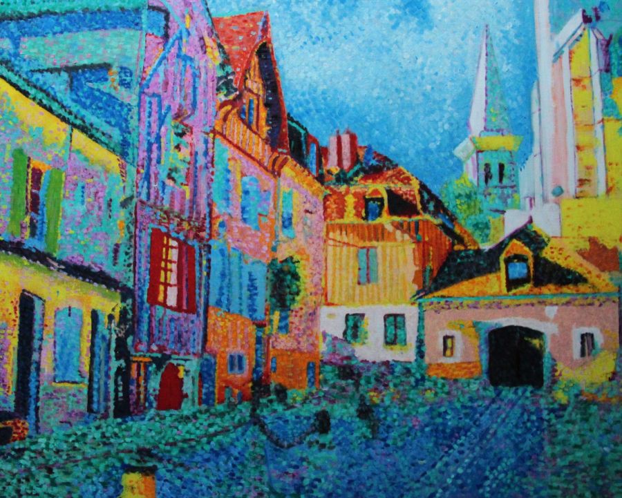 Jean-Guy Bègue : Auxerre Place du Coche d'eau (Original 65 cm X 81 cm) - Jean-Guy Bègue