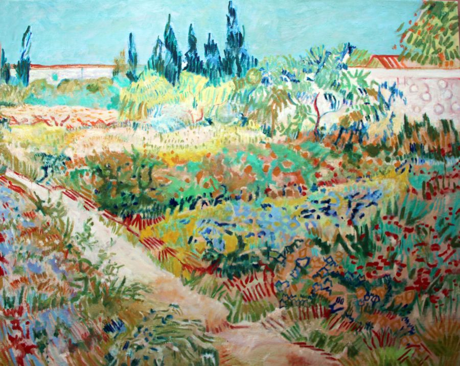 d'après Vincent Van Gogh : Jardin fleuri avec un sentier (Copie  65X81) - Jean-Guy Bègue