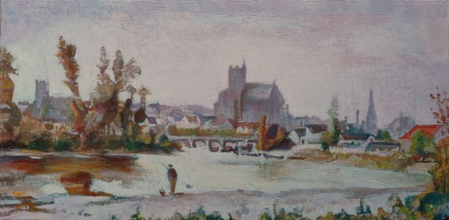 d'après Jules Jacques Veyrassat : Vue d'Auxerre (1865) (Copie 30 X 60 cm) - Jean-Guy Bègue