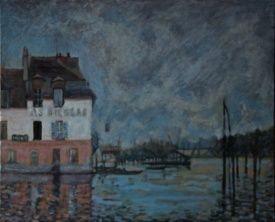 d'après Alfred Sisley : Les inondations à Port-Marly en 1876, mauvais temps (Copie  60x81) - Jean-Guy Bègue