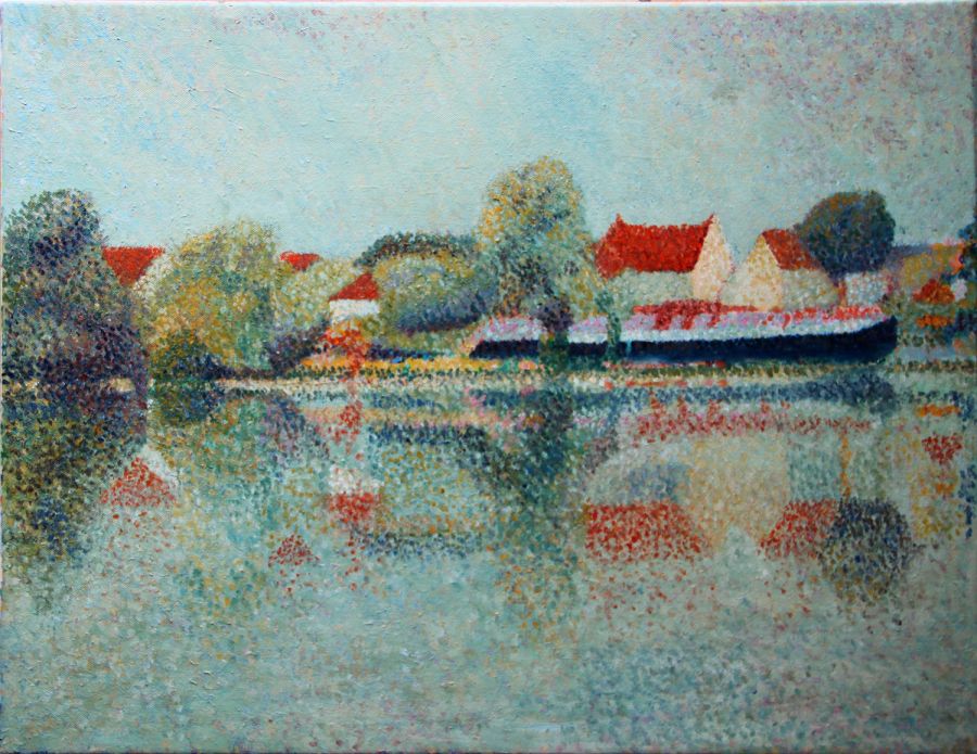 Jean-Guy Bègue : Auxerre Péniche, au-delà de La Chaînette (Original 50 cm X 65 cm) - Jean-Guy Bègue