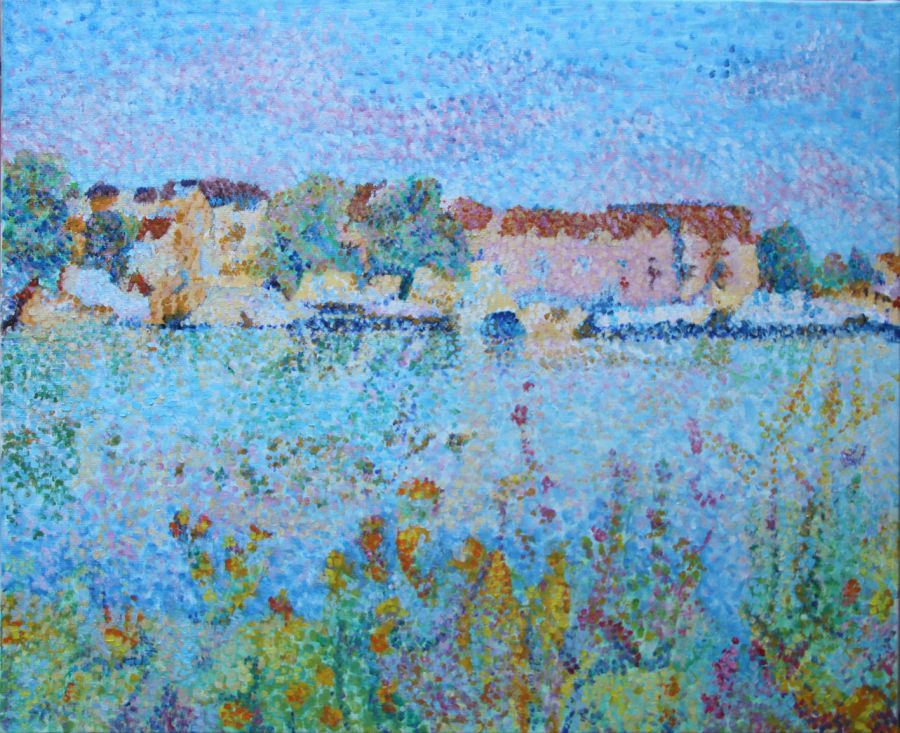 Jean-Guy Bègue : Auxerre Le port et la chambre de commerce (Original 61 cm X 50 cm) - Jean-Guy Bègue