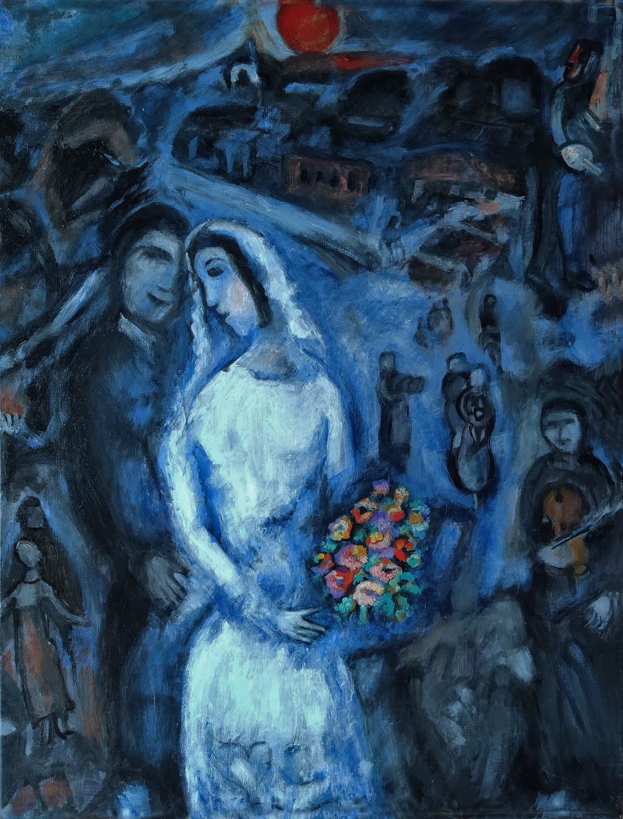 Marc CHAGALL et Jean-Guy BEGUE : Mariés au bouquet de Marie Jeanne (60 x 50 cm) - Jean-Guy Bègue